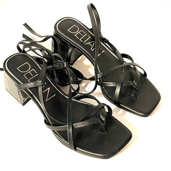 Deltan Size 8M Fawn Ankle Wrap Strappy Block Heel Thong Dress Sandals Black NEW - Picture 2 of 7